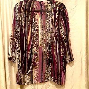 Size 8 Chico’s purple and black animal print sheer cardigan